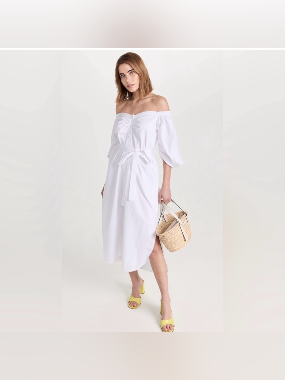 Off-Shoulder White Midi Dress with Waist Tie